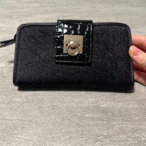 Spartina 449 Black Leather Wallet with Real Fur and Gold Hardware Excellent